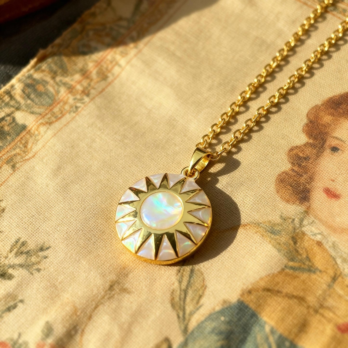 Sun Mother of Pearl Round Photo Locket Necklace – Personalized Keepsake Gift