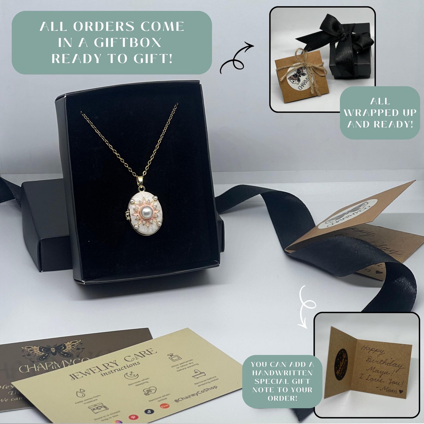 Mother of Pearl Crystal Oval Photo Locket Necklace – Personalized Keepsake Gift