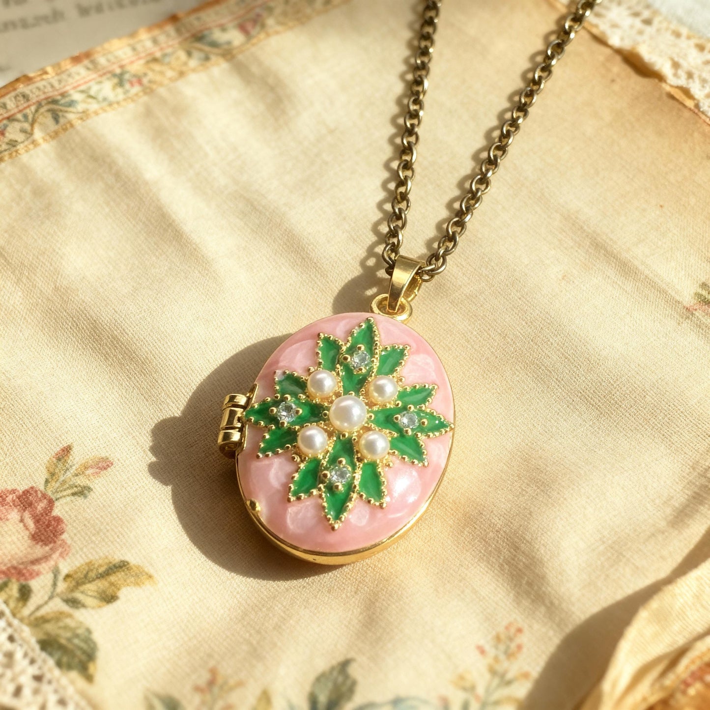 Pink Pearl Floral Oval Photo Locket Necklace – Personalized Keepsake Gift