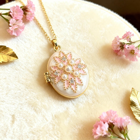 White Pink Pearl Oval Photo Locket Necklace – Personalized Keepsake Gift