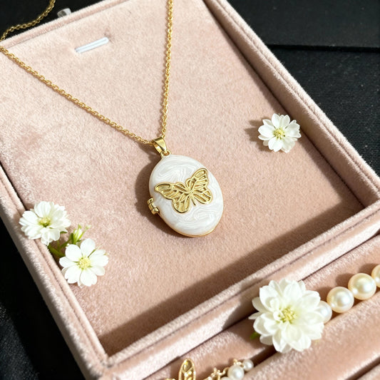 White Butterfly Oval Photo Locket Necklace – Personalized Keepsake Gift