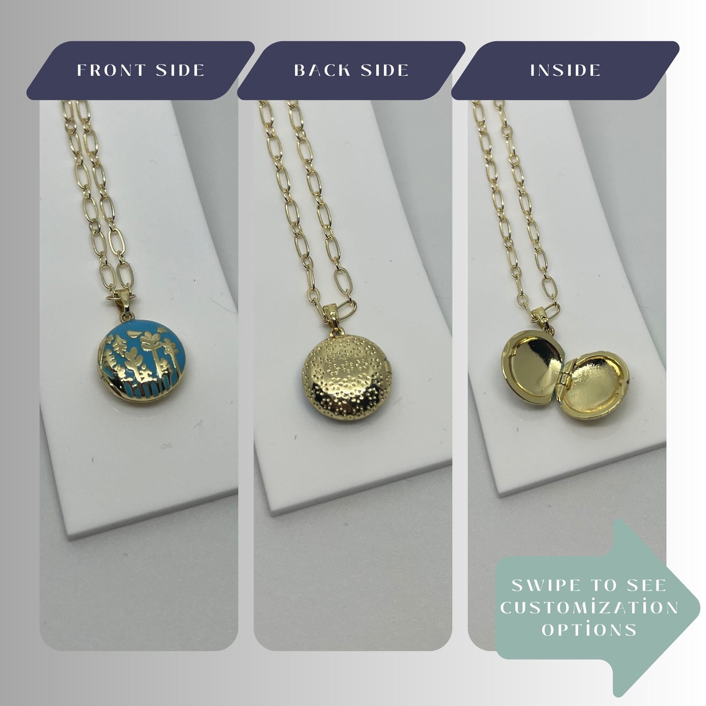 Blue Floral Round Photo Locket Necklace – Personalized Keepsake Gift
