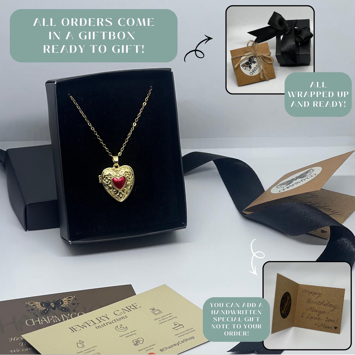 Red Crystal Heart Photo Locket Necklace – Personalized Keepsake Gift