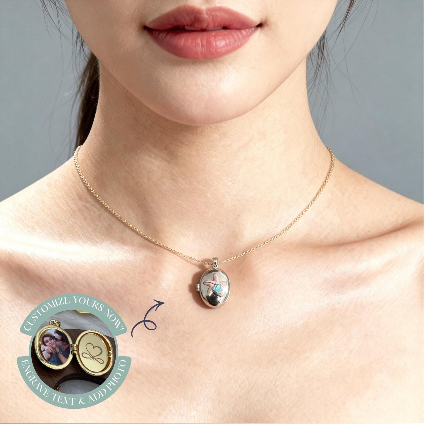 Seashell Starfish Oval Photo Locket Necklace – Personalized Keepsake Gift