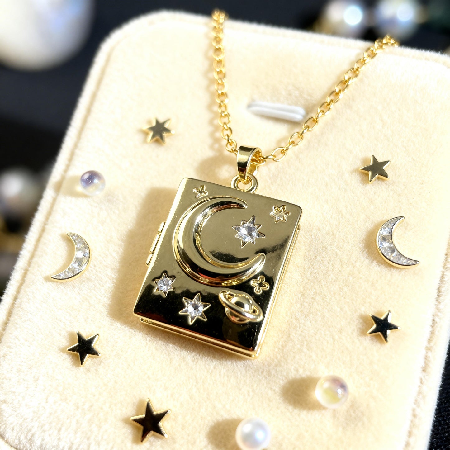 Celestial Moon & Stars Rectangle Photo Locket Necklace – Personalized Keepsake Gift