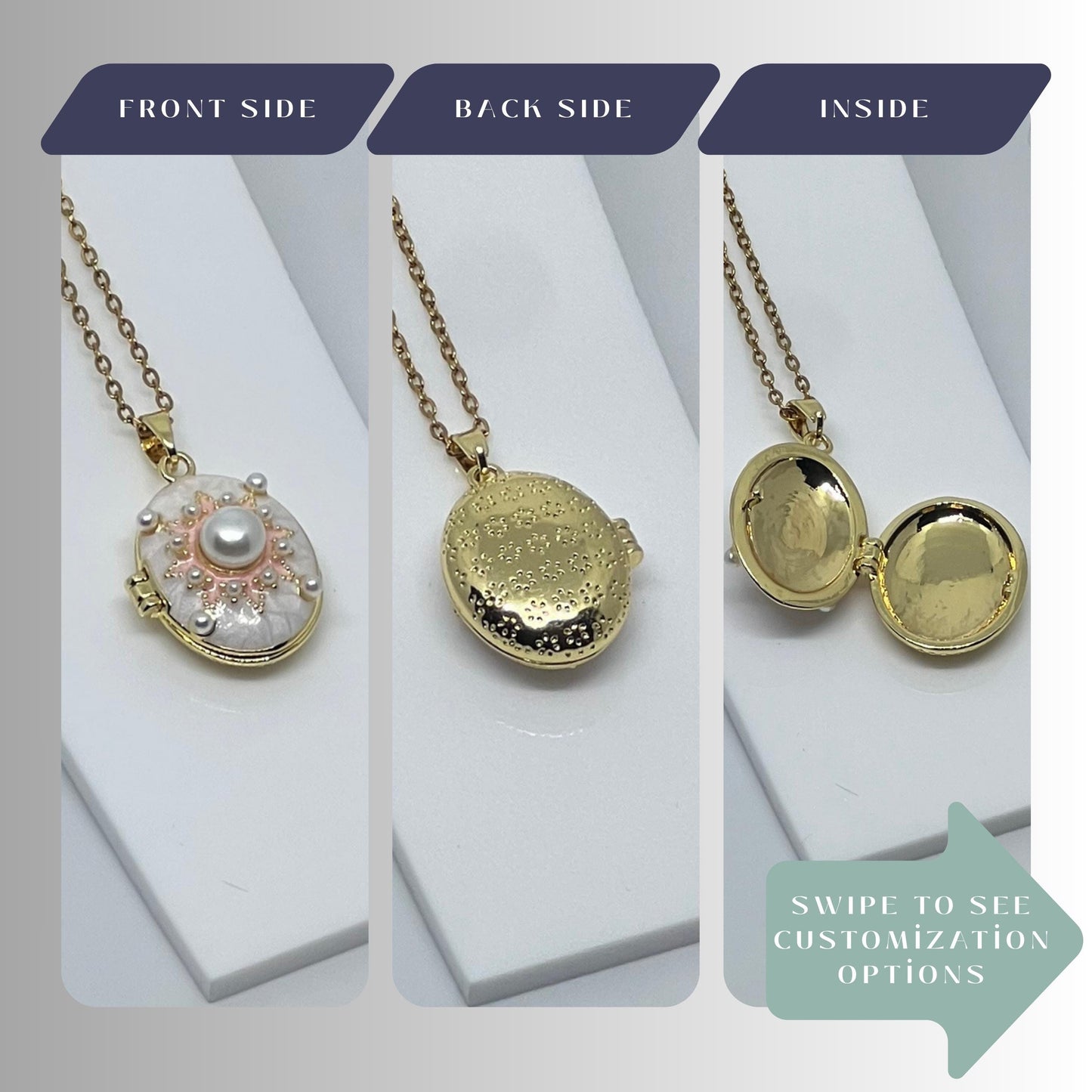 Mother of Pearl Crystal Oval Photo Locket Necklace – Personalized Keepsake Gift