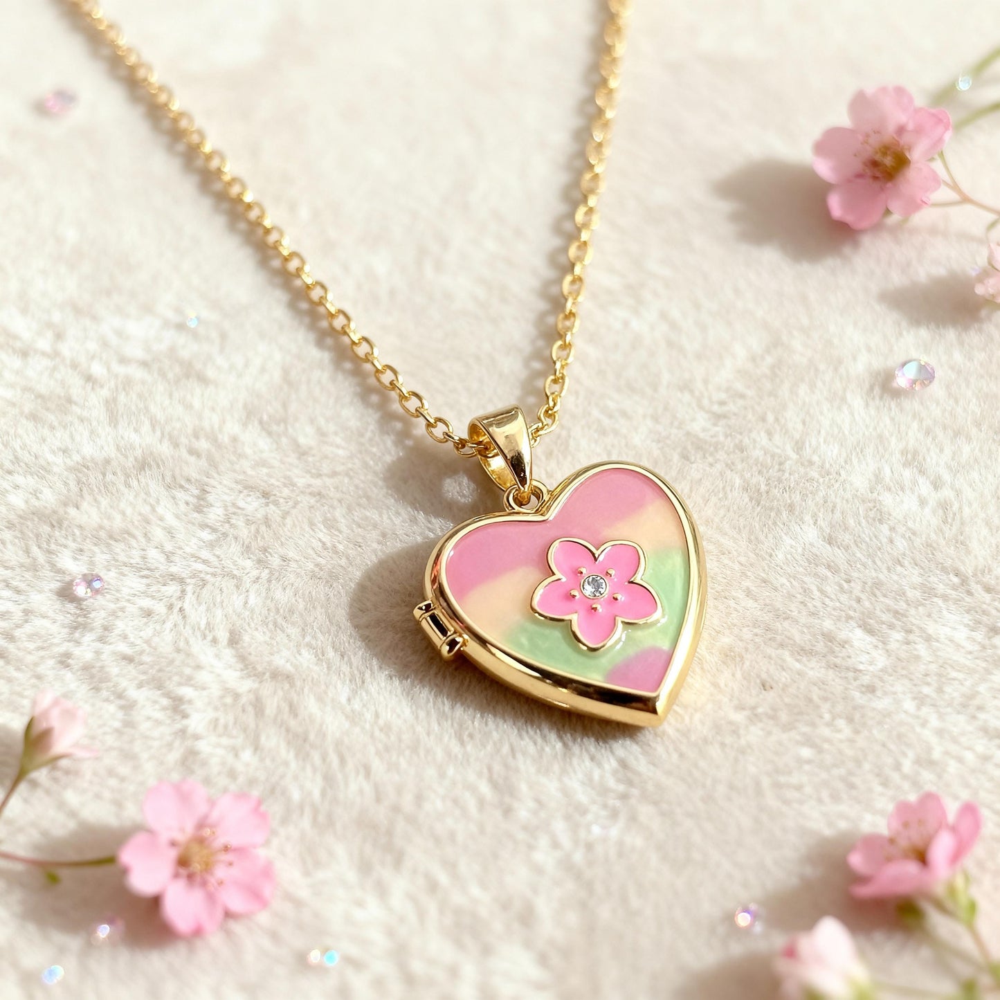 Pink Enamel Floral Heart Photo Locket Necklace – Personalized Keepsake Gift