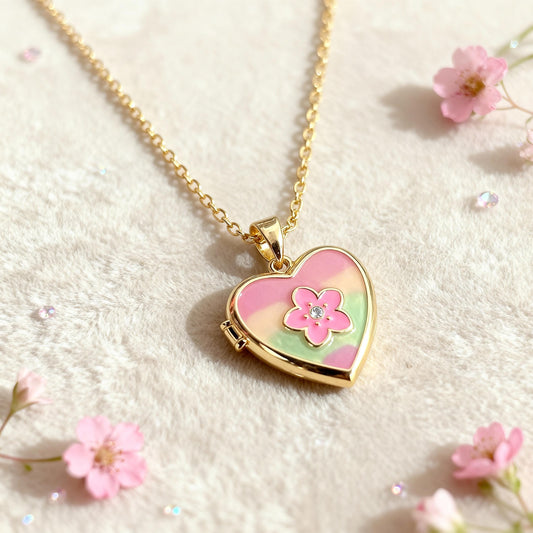 Pink Enamel Floral Heart Photo Locket Necklace – Personalized Keepsake Gift