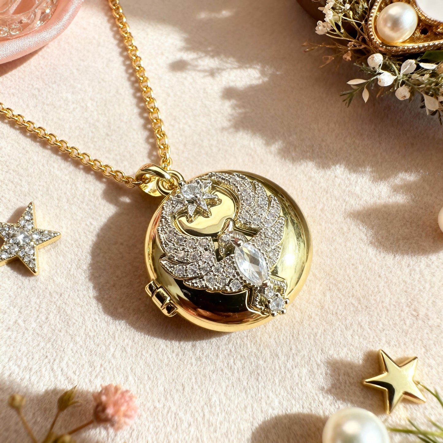 Phoenix Round Locket Necklace, Gold Crystal Photo Locket Pendant, Personalized Keepsake Gift for Her