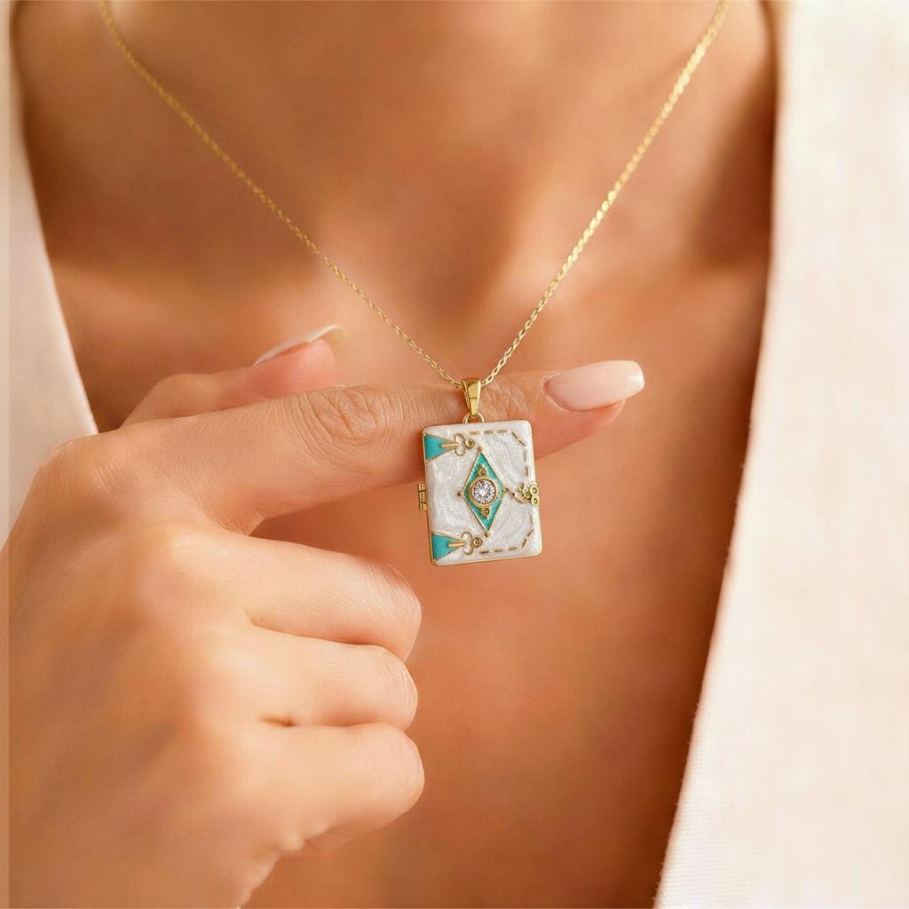 White Enamel Book Locket Necklace – Personalized Keepsake Gift