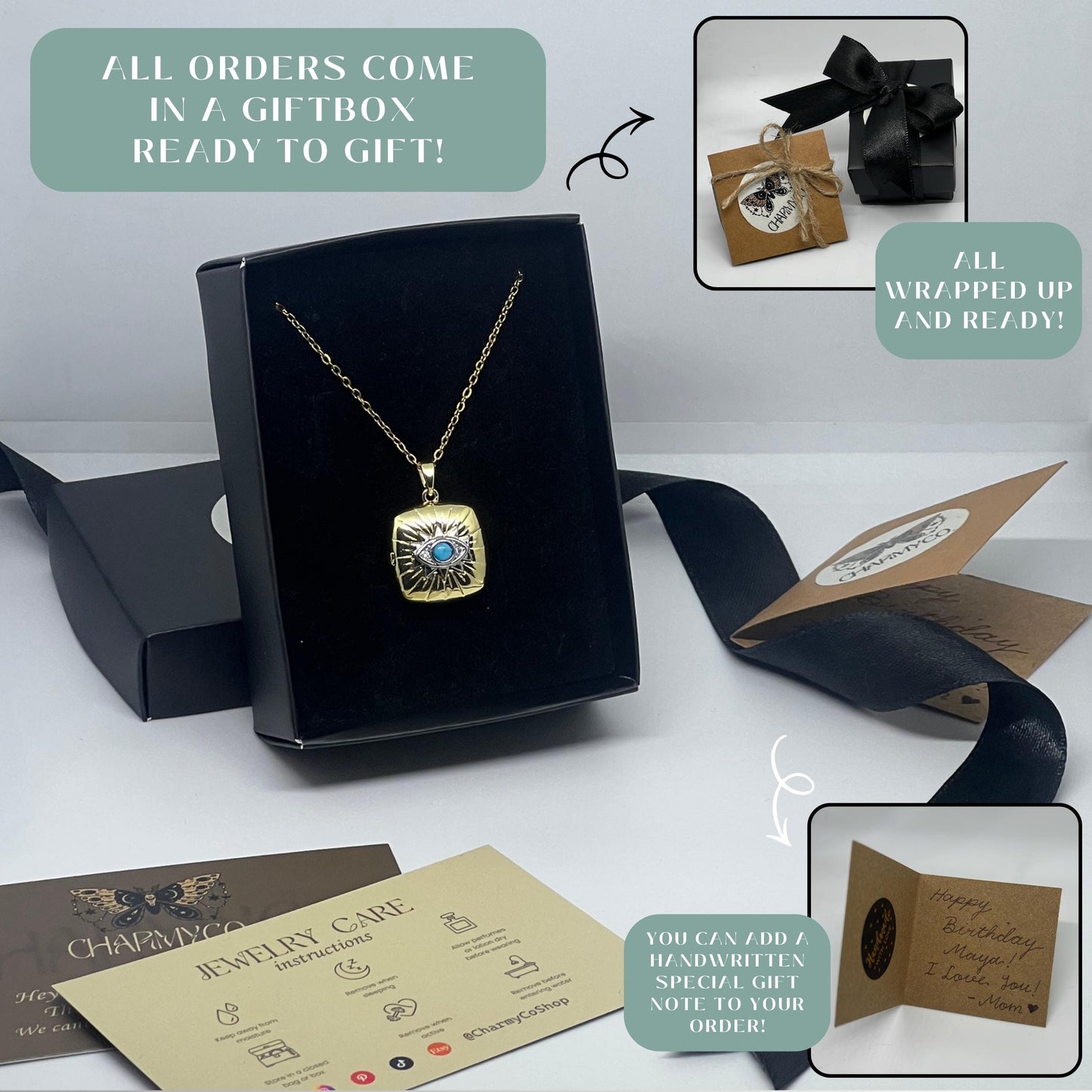 Evil Eye Square Photo Locket Necklace – Personalized Keepsake Gift