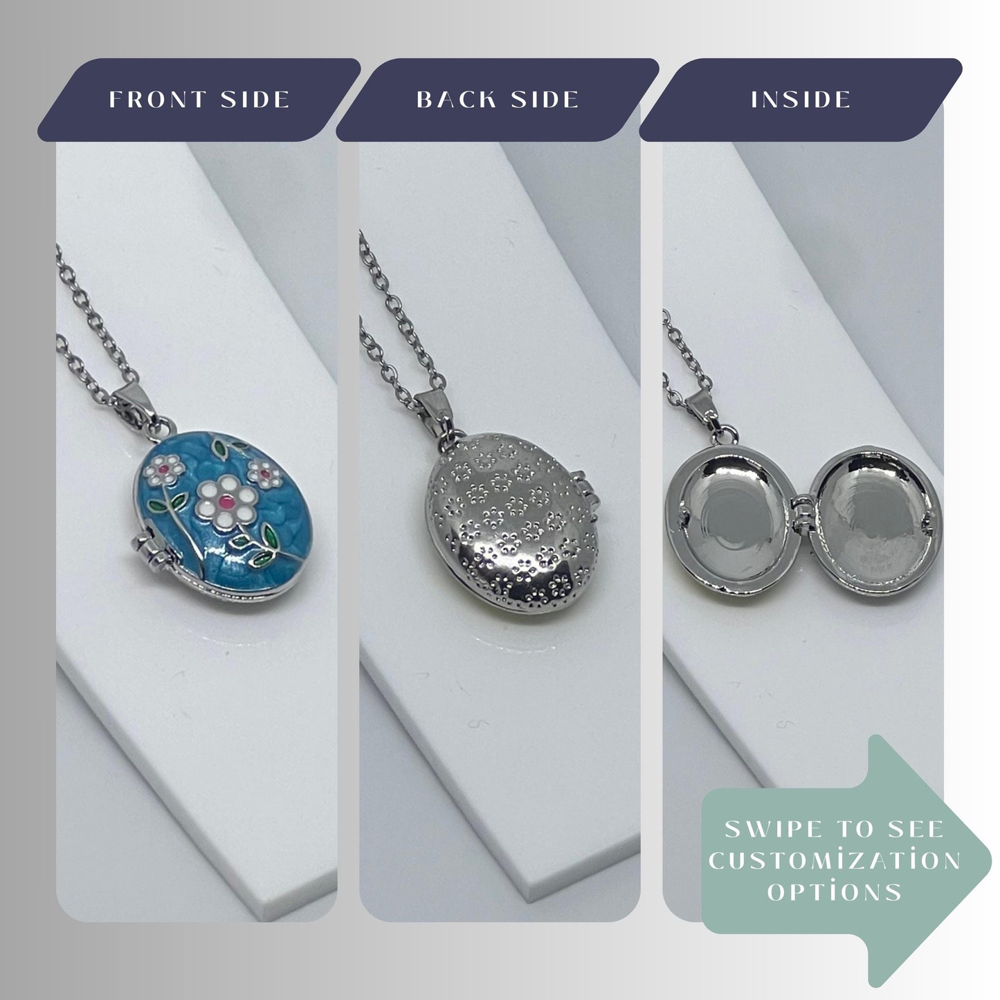 Blue Daisy Floral Oval Photo Locket Necklace – Personalized Keepsake Gift