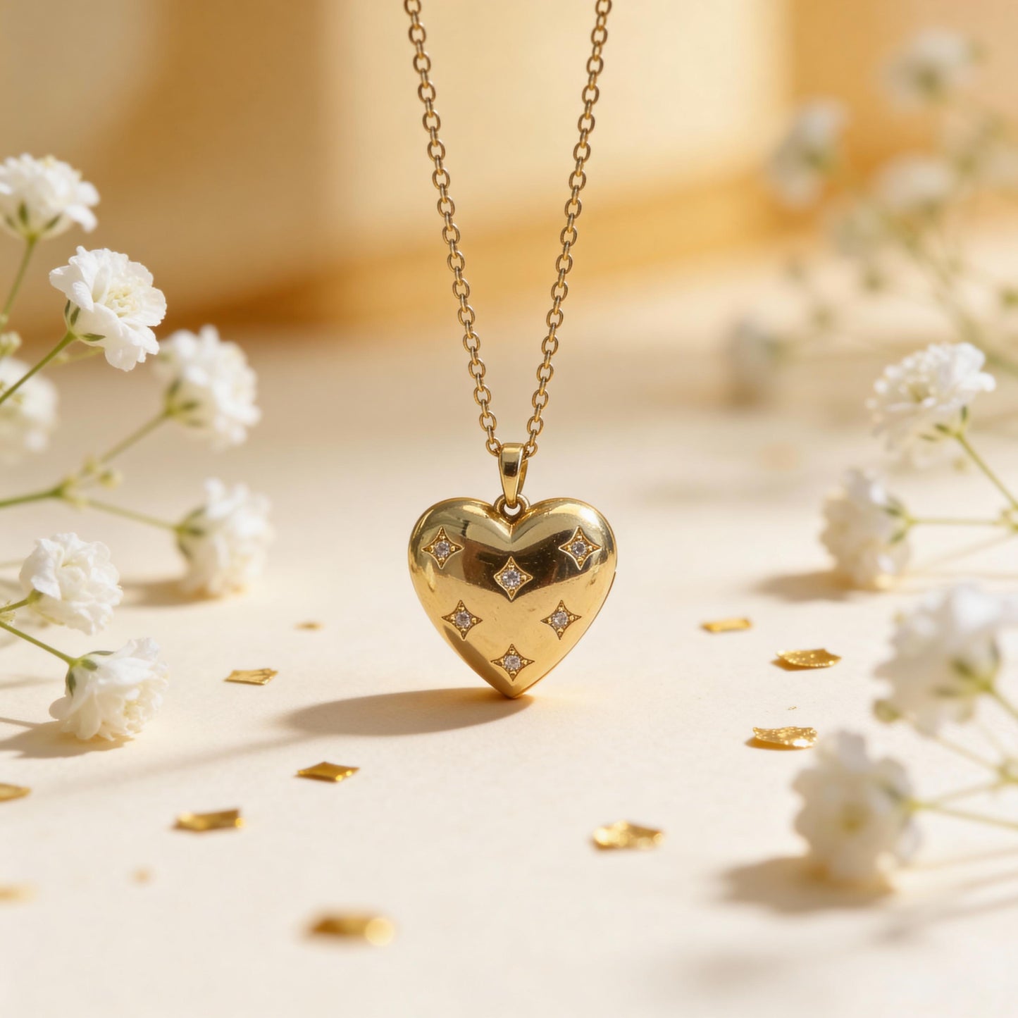 Gold Heart Locket Necklace – Vintage Style Star CZ Personalized Keepsake