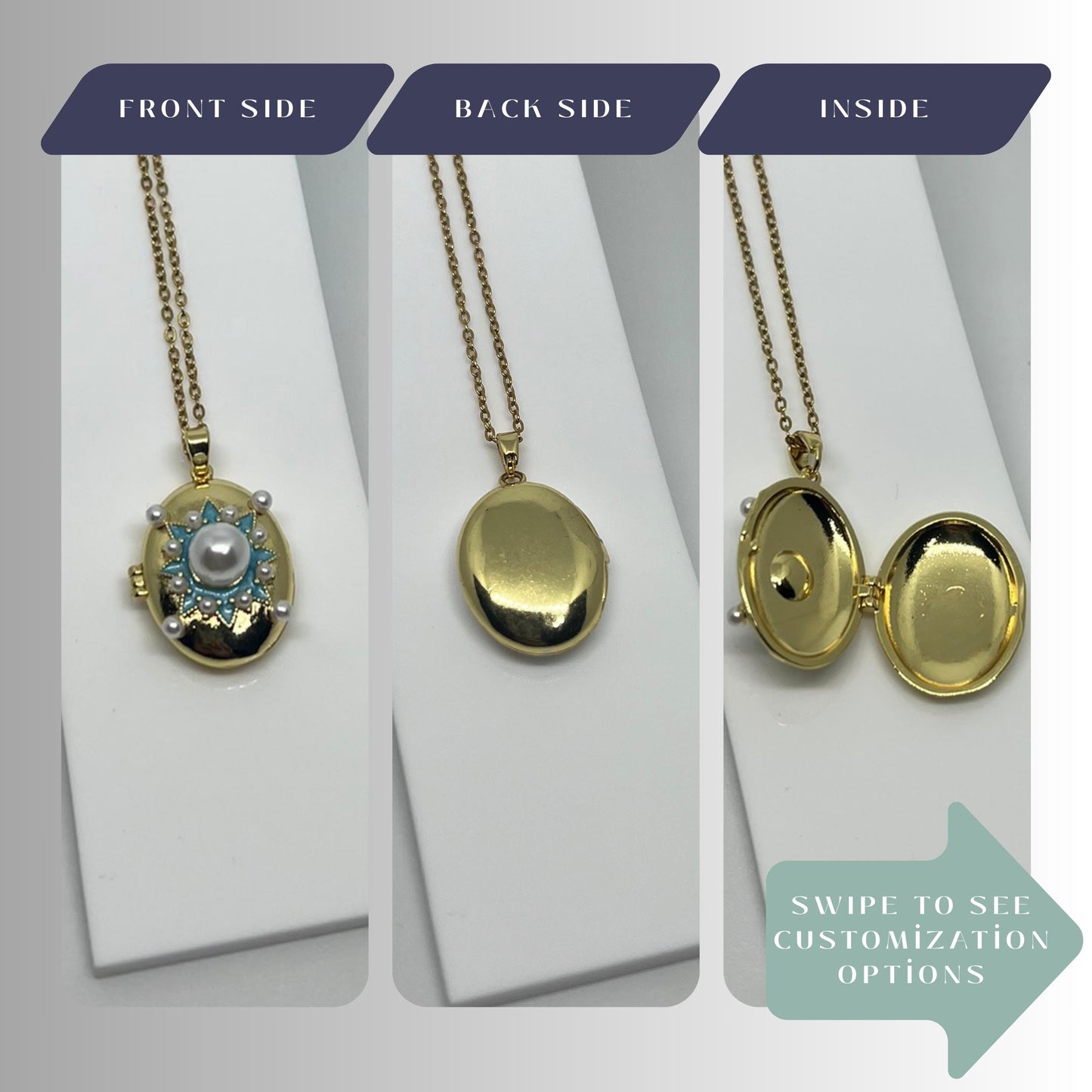 Blue Enamel Pearl Star Oval Photo Locket Necklace – Personalized Keepsake Gift
