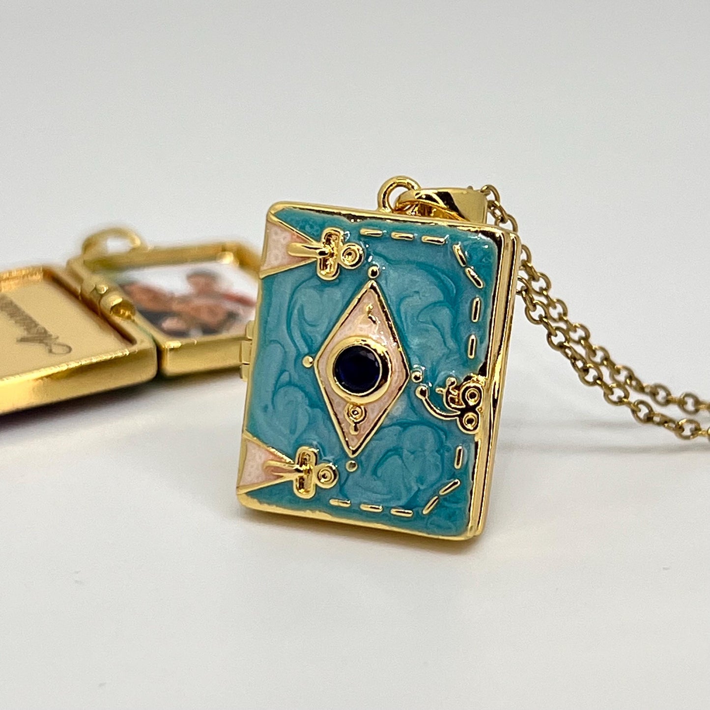 Blue Enamel Book Locket Necklace – Personalized Keepsake Gift