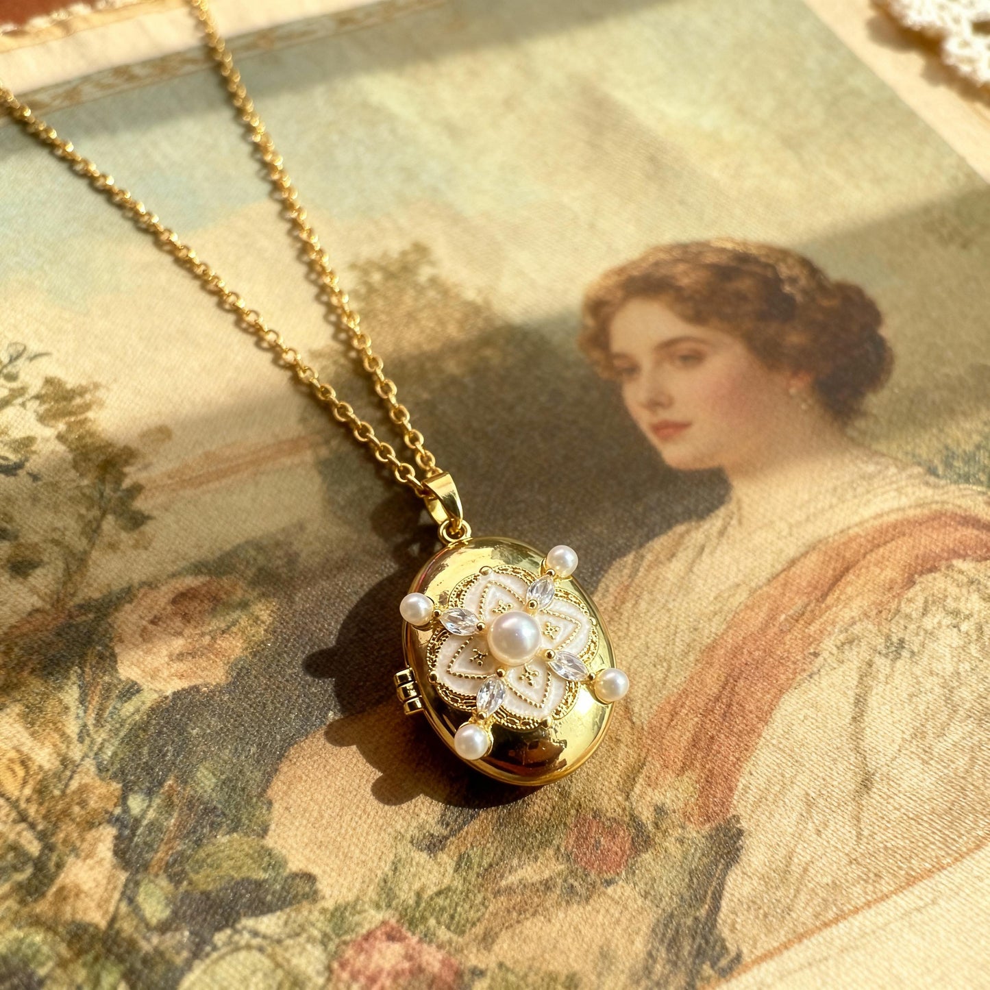 Crystal Pearl Floral Oval Photo Locket Necklace – Personalized Keepsake Gift
