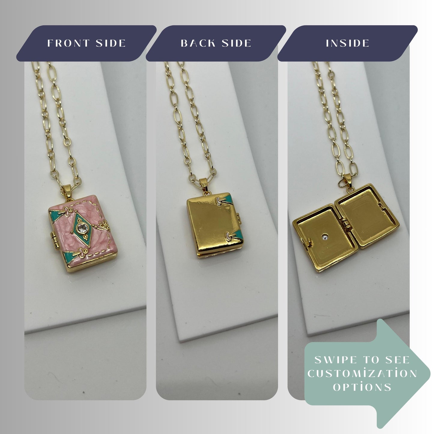 Pink Enamel Book Locket Necklace – Personalized Keepsake Gift