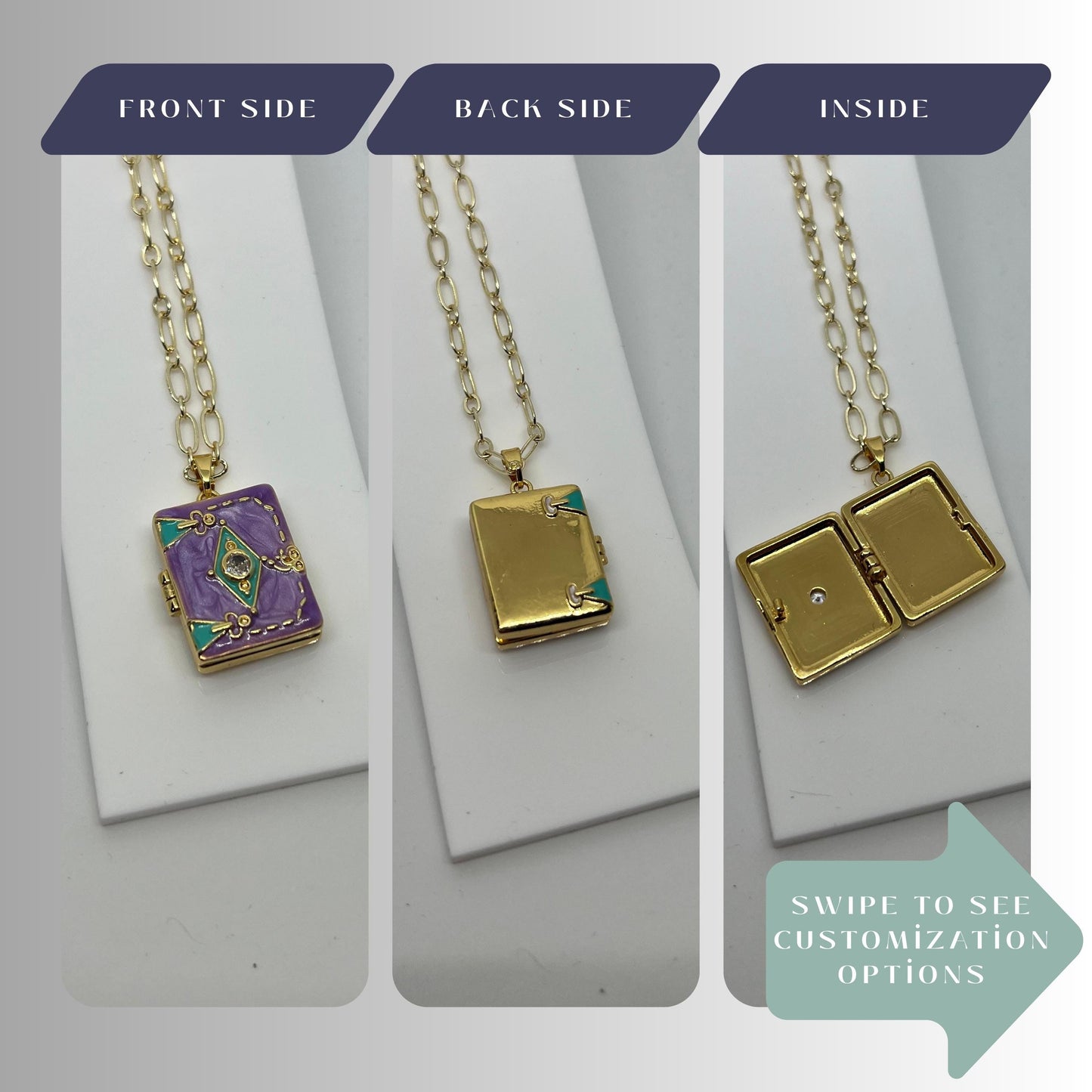 Purple Enamel Book Locket Necklace – Personalized Keepsake Gift