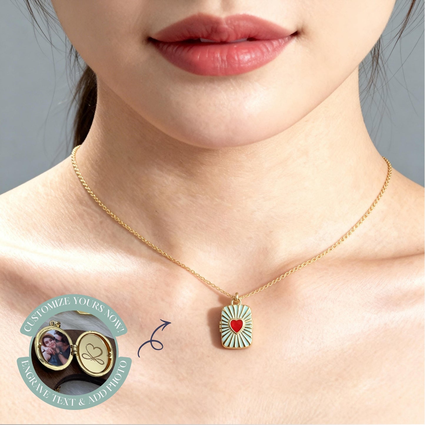 Blue Heart Rectangle Photo Locket Necklace – Personalized Keepsake Gift