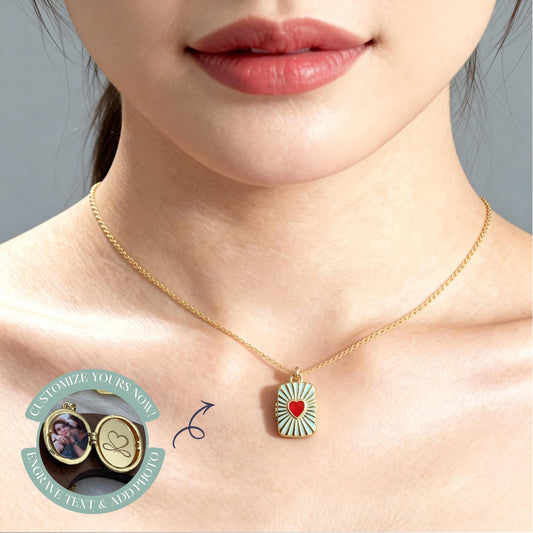 Blue Heart Rectangle Photo Locket Necklace – Personalized Keepsake Gift