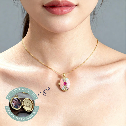 Pastel Art Deco Oval Photo Locket Necklace – Personalized Keepsake Gift