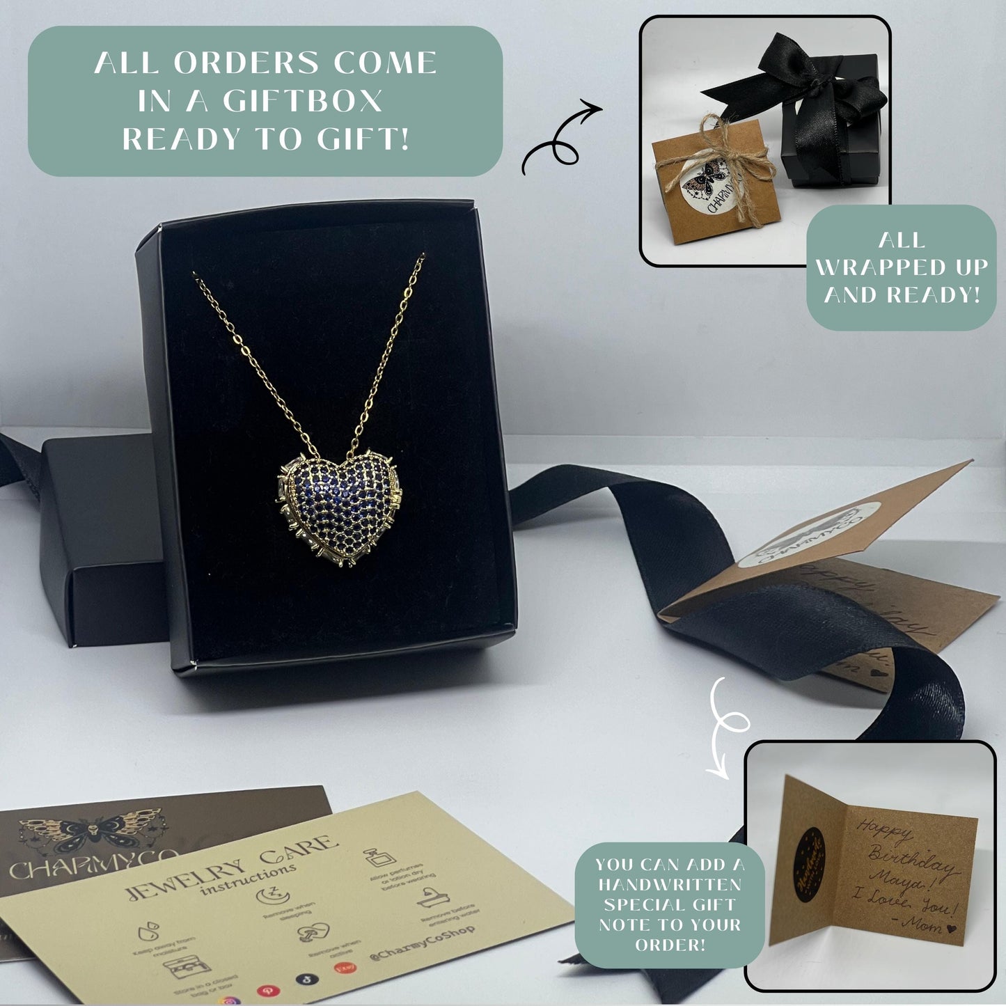 Blue Crystal Heart Photo Locket Necklace – Personalized Keepsake Gift