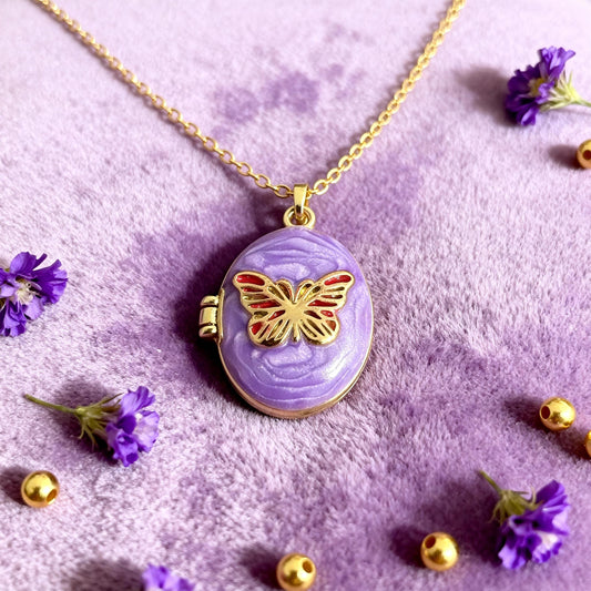 Purple Butterfly Oval Photo Locket Necklace – Personalized Keepsake Gift