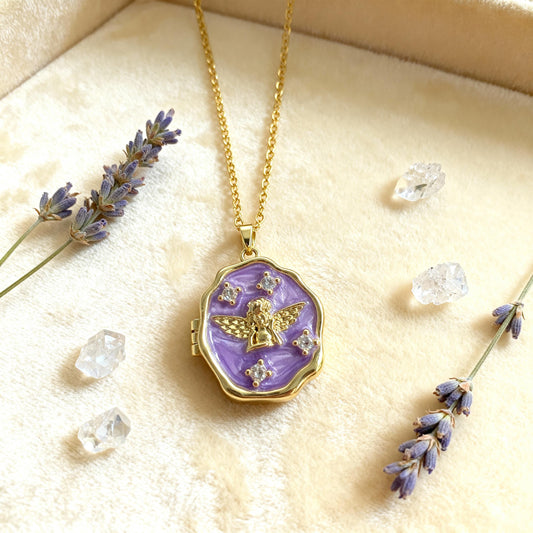 Purple Enamel Angel Photo Locket Necklace – Personalized Keepsake Gift