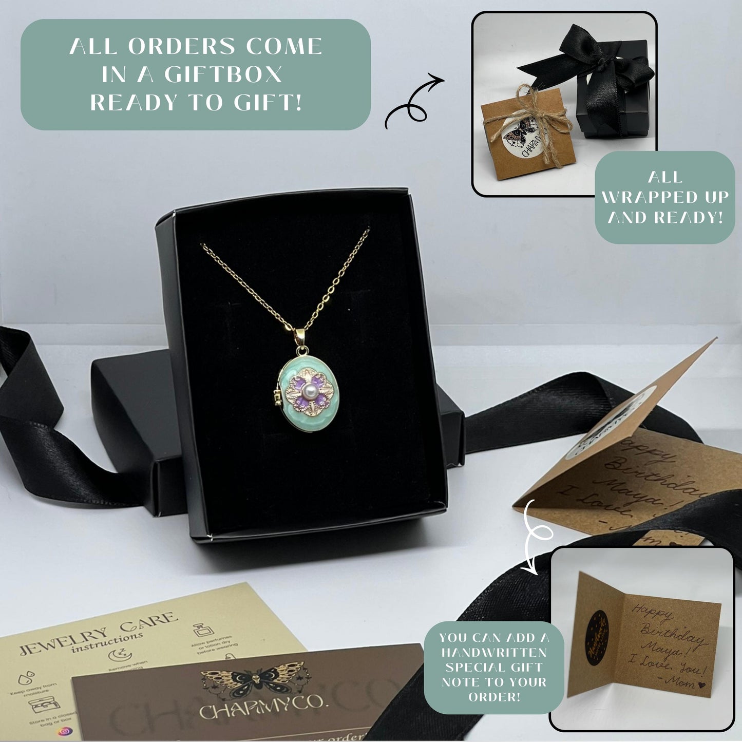 Mint Pearl Floral Oval Photo Locket Necklace – Personalized Keepsake Gift