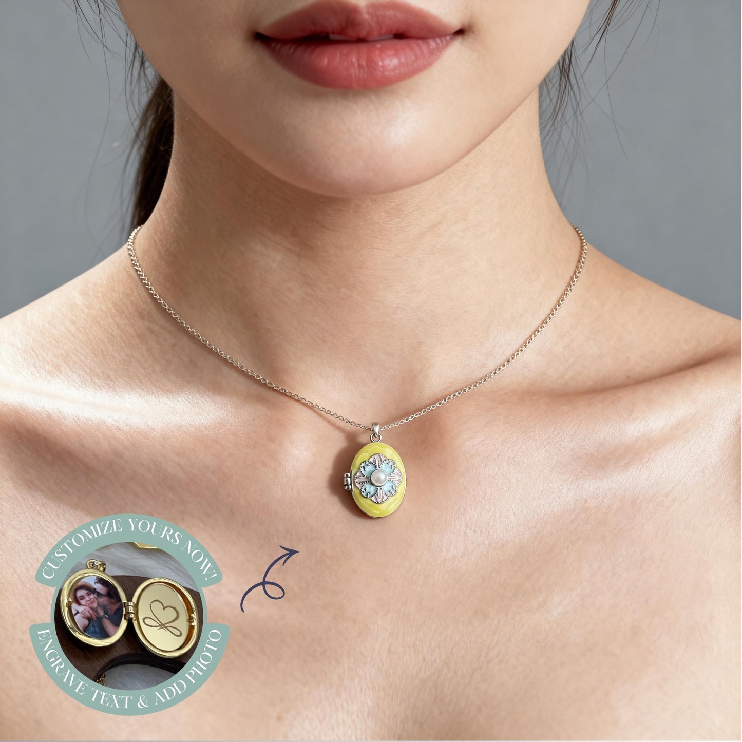 Pastel Pearl Floral Oval Photo Locket Necklace – Personalized Keepsake Gift