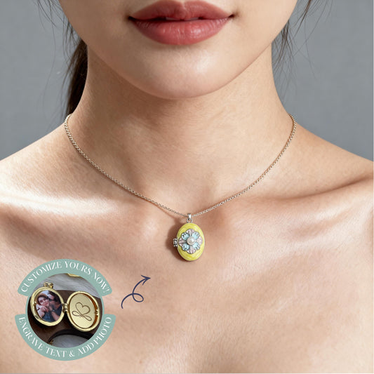 Pastel Pearl Floral Oval Photo Locket Necklace – Personalized Keepsake Gift