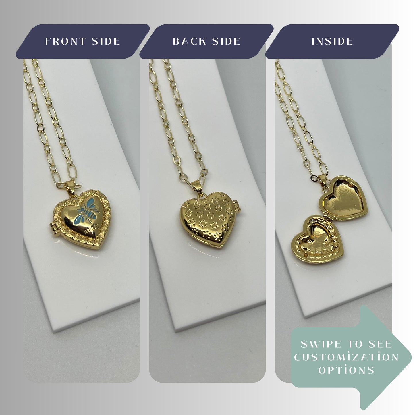 Blue Enamel Bee Heart Photo Locket Necklace – Personalized Keepsake Gift