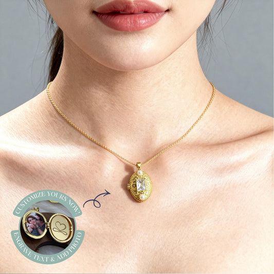Crystal Pearl Oval Photo Locket Necklace – Personalized Keepsake Gift