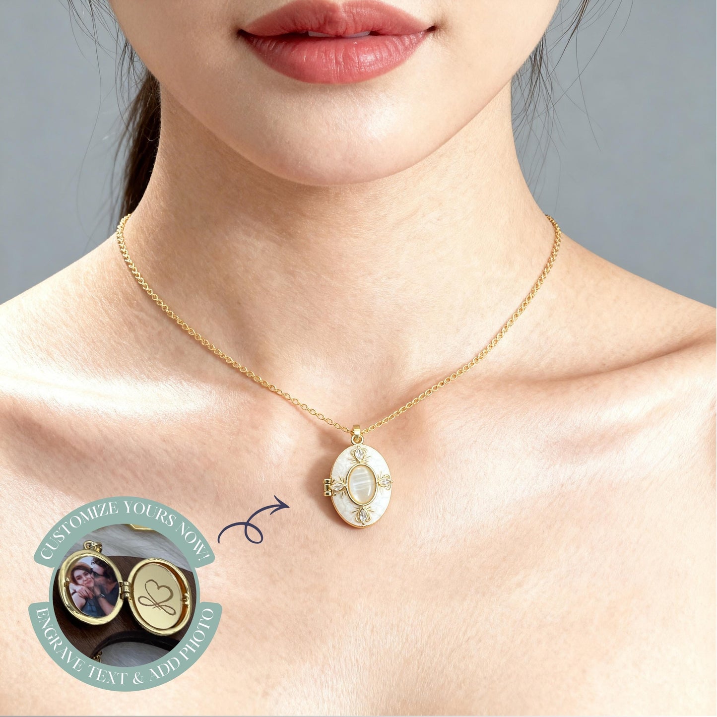 Pearl Style Oval Photo Locket Necklace – Personalized Keepsake Gift