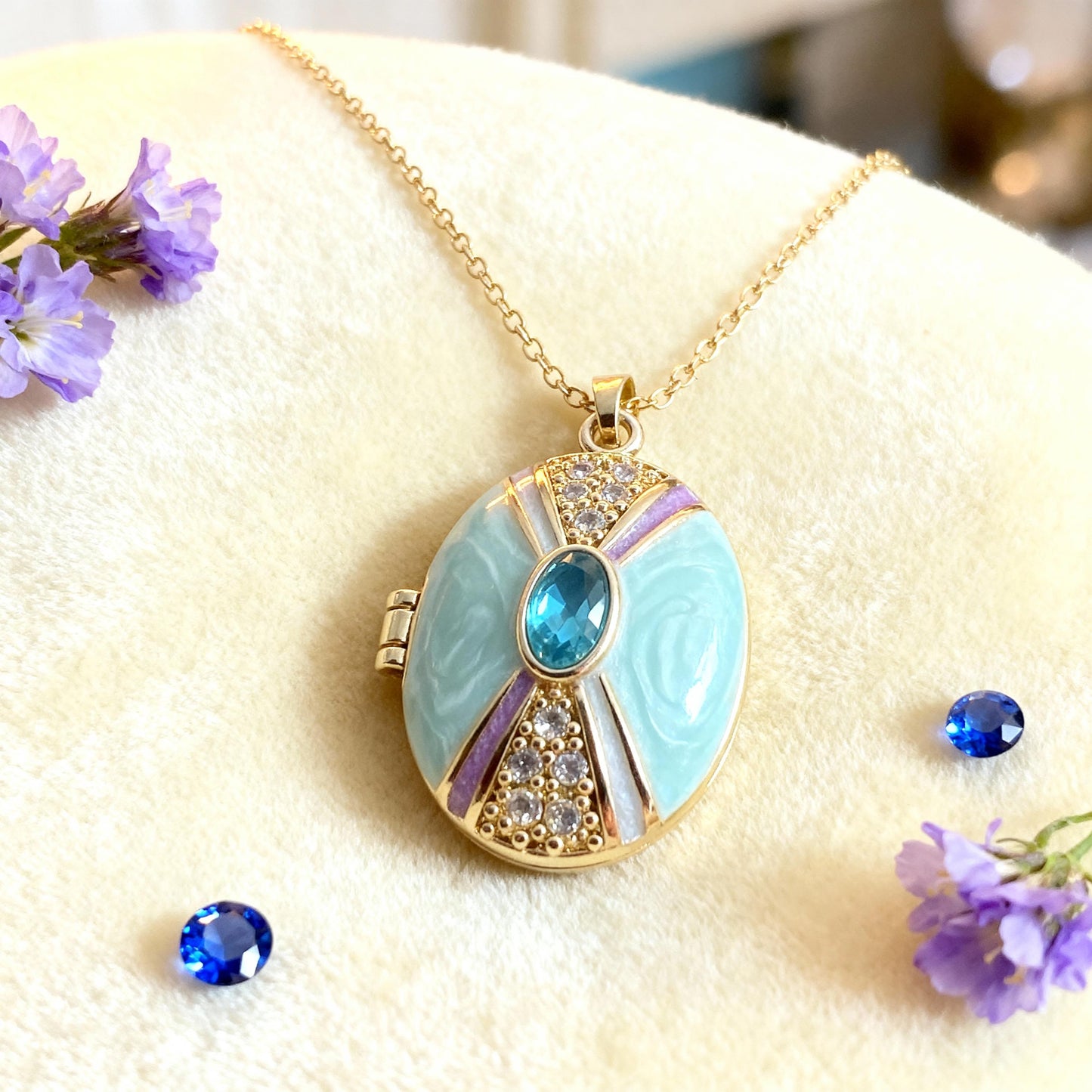Blue Stone Oval Photo Locket Necklace – Personalized Keepsake Gift