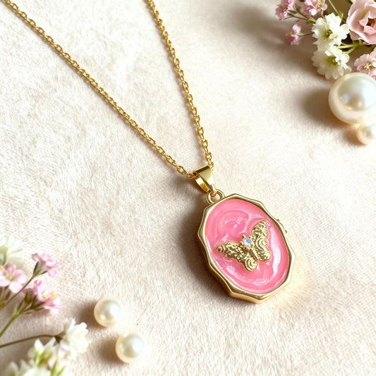 Pink Enamel Butterfly Photo Locket Necklace – Personalized Keepsake Gift