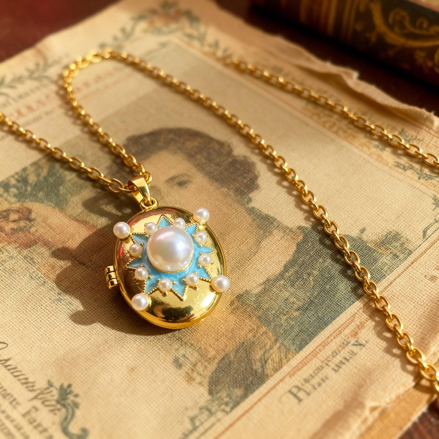 Blue Enamel Pearl Star Oval Photo Locket Necklace – Personalized Keepsake Gift