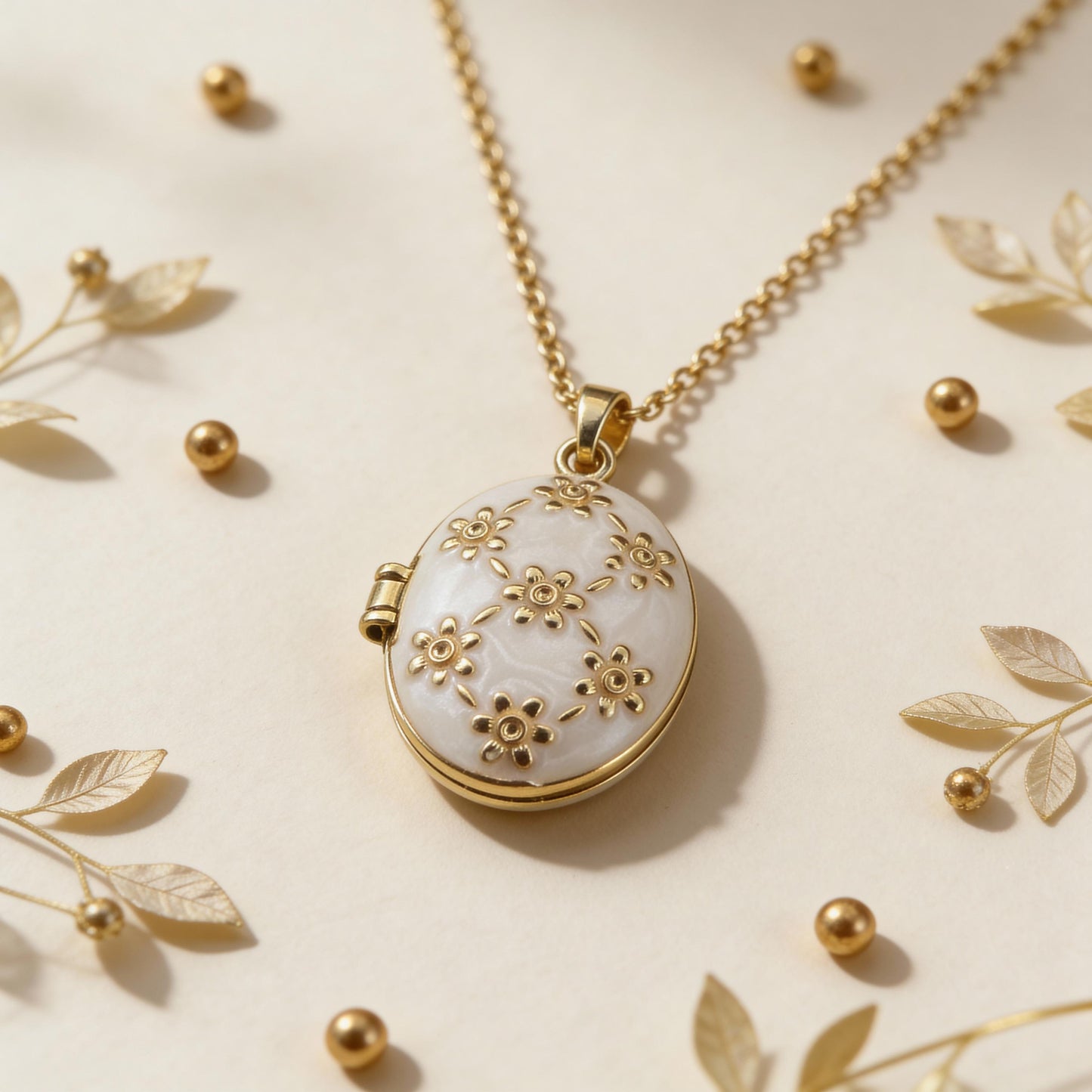 White Floral Oval Photo Locket Necklace – Personalized Keepsake Gift