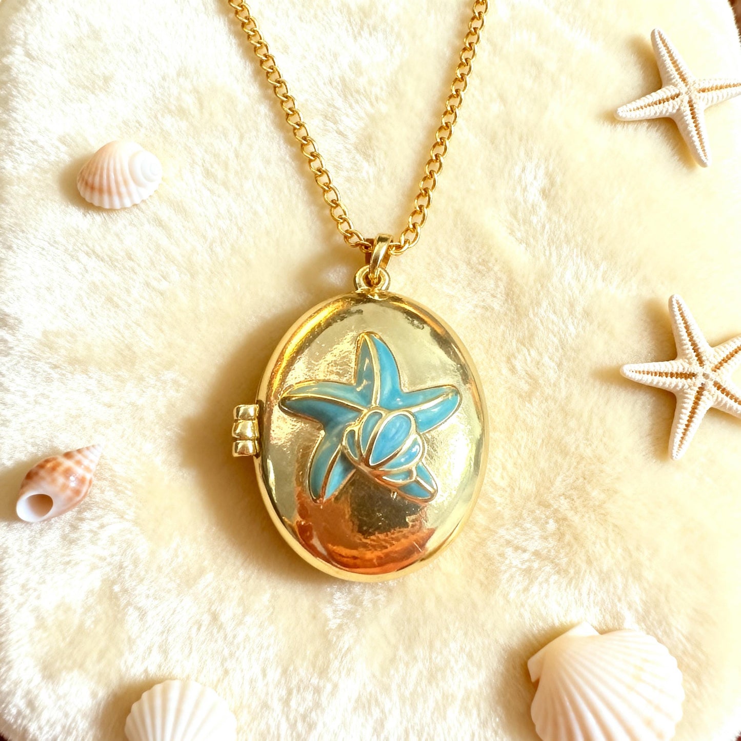Blue Enamel Starfish Photo Locket Necklace – Personalized Keepsake Gift