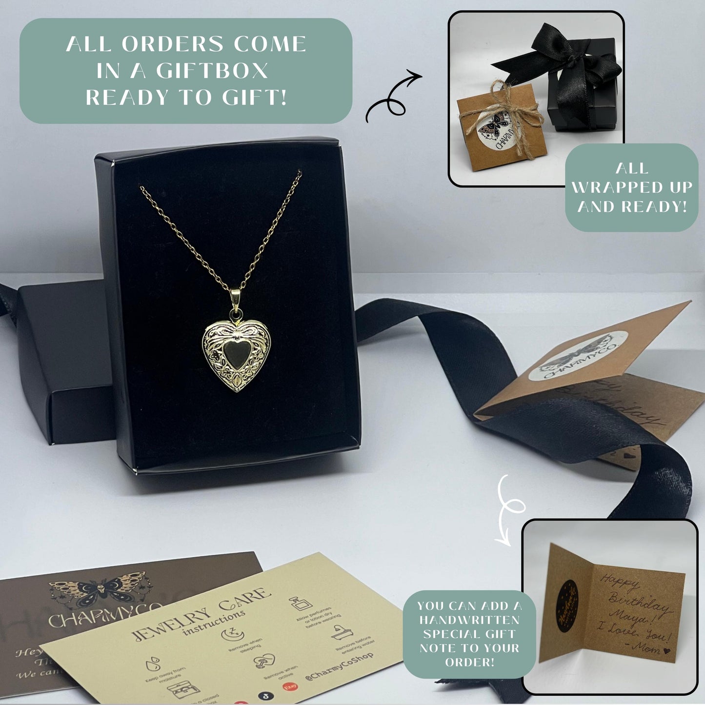 Bow Heart Photo Locket Necklace – Personalized Keepsake Gift