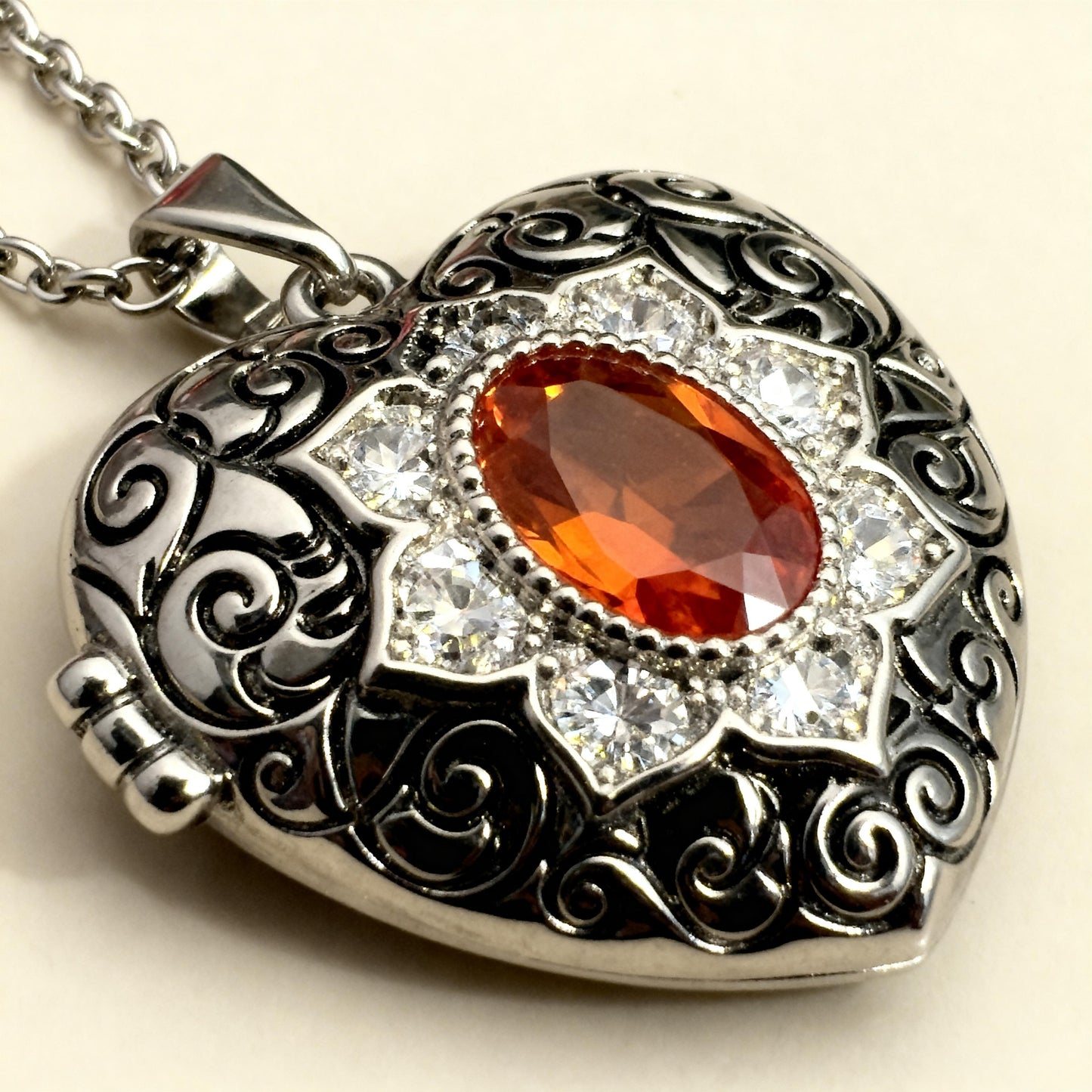 Victorian Style Heart Photo Locket Necklace with Crystal Gemstone, Vintage Keepsake Jewelry